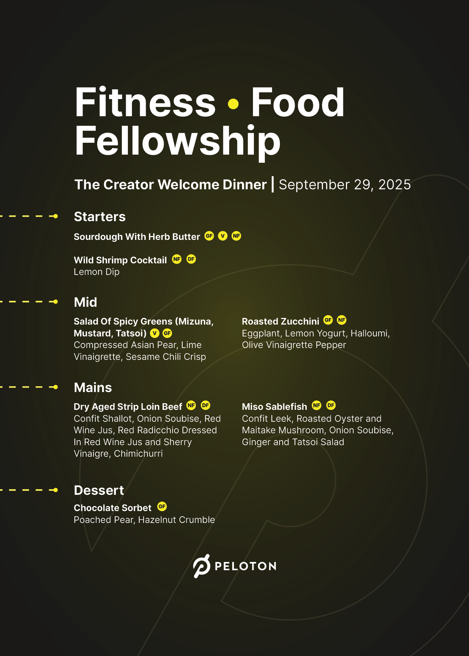 The Creator Welcome Dinner menu — a five-course tasting